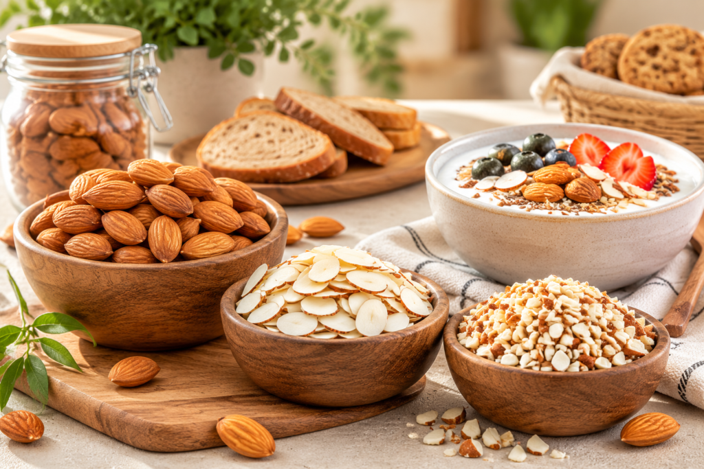 Whole, sliced and chopped almonds displayed for culinary and commercial food uses