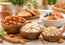 Whole, sliced and chopped almonds displayed for culinary and commercial food uses