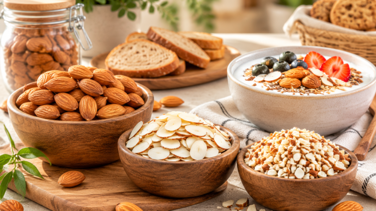 Whole, sliced and chopped almonds displayed for culinary and commercial food uses