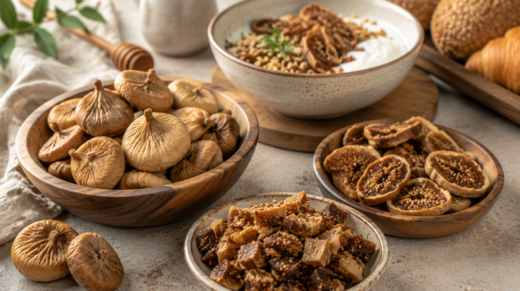 Whole, sliced and chopped premium dry figs displayed for culinary and commercial food uses