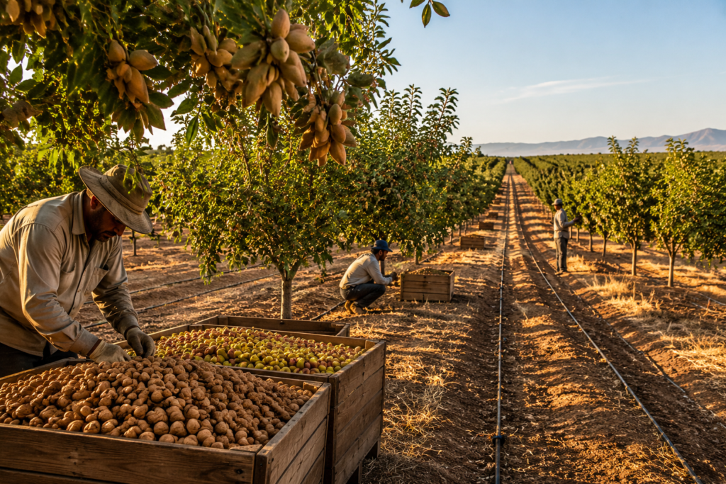 Farm workers inspecting crops under sustainable agricultural practices