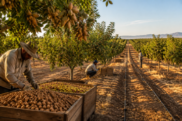 Farm workers inspecting crops under sustainable agricultural practices