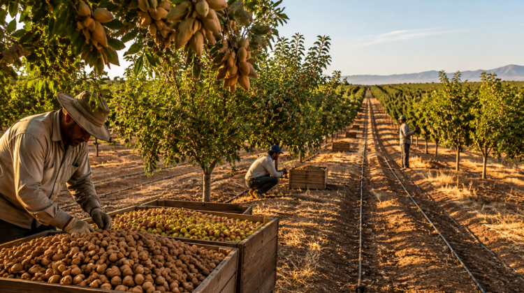 Farm workers inspecting crops under sustainable agricultural practices