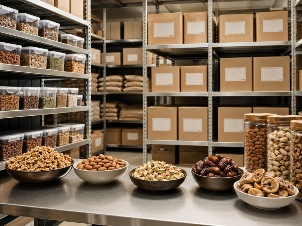 Nuts, dates and dry fruits stored in sealed food-grade containers in a clean dry environment