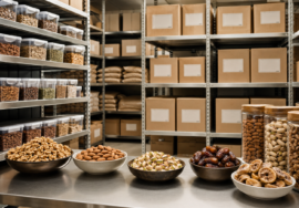 Nuts, dates and dry fruits stored in sealed food-grade containers in a clean dry environment