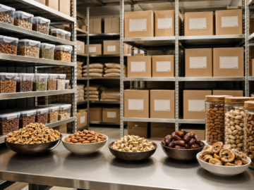 Nuts, dates and dry fruits stored in sealed food-grade containers in a clean dry environment