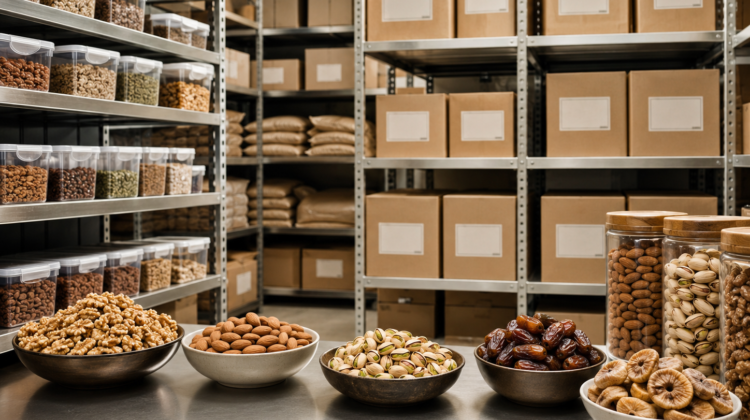 Nuts, dates and dry fruits stored in sealed food-grade containers in a clean dry environment