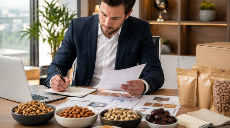 International food buyer preparing a bulk inquiry for nuts, dates and dry fruits