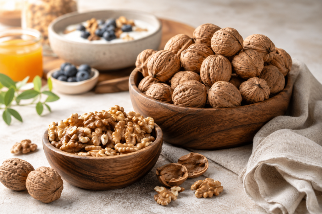 Whole walnuts and walnut kernels presented as a nutritious food ingredient