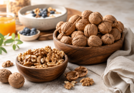 Whole walnuts and walnut kernels presented as a nutritious food ingredient