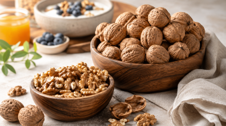 Whole walnuts and walnut kernels presented as a nutritious food ingredient