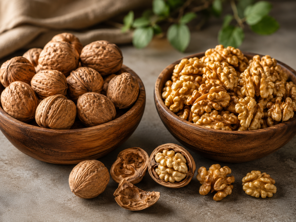 In-shell walnuts and walnut kernels displayed side by side for product comparison