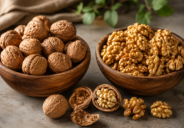 In-shell walnuts and walnut kernels displayed side by side for product comparison