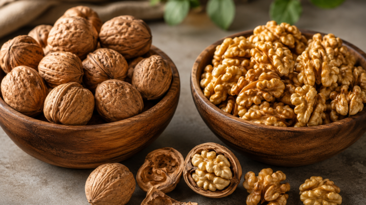 In-shell walnuts and walnut kernels displayed side by side for product comparison