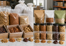 Bulk cartons and retail packs containing premium nuts, dates and dry fruits