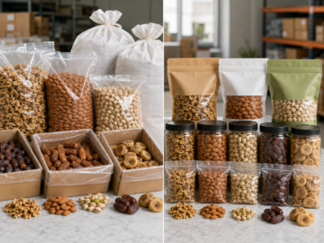 Bulk cartons and retail packs containing premium nuts, dates and dry fruits
