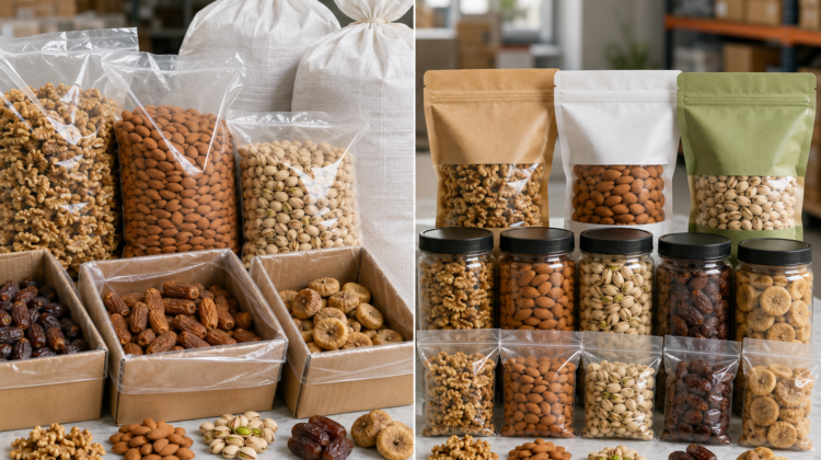Bulk cartons and retail packs containing premium nuts, dates and dry fruits