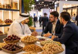 Food trade buyers and suppliers discussing premium nuts and dry fruits at a business exhibition
