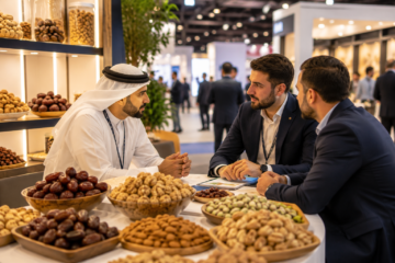 Food trade buyers and suppliers discussing premium nuts and dry fruits at a business exhibition