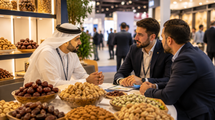 Food trade buyers and suppliers discussing premium nuts and dry fruits at a business exhibition