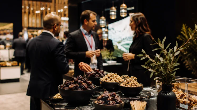 Product tasting and buyer conversation featuring premium nuts and dates