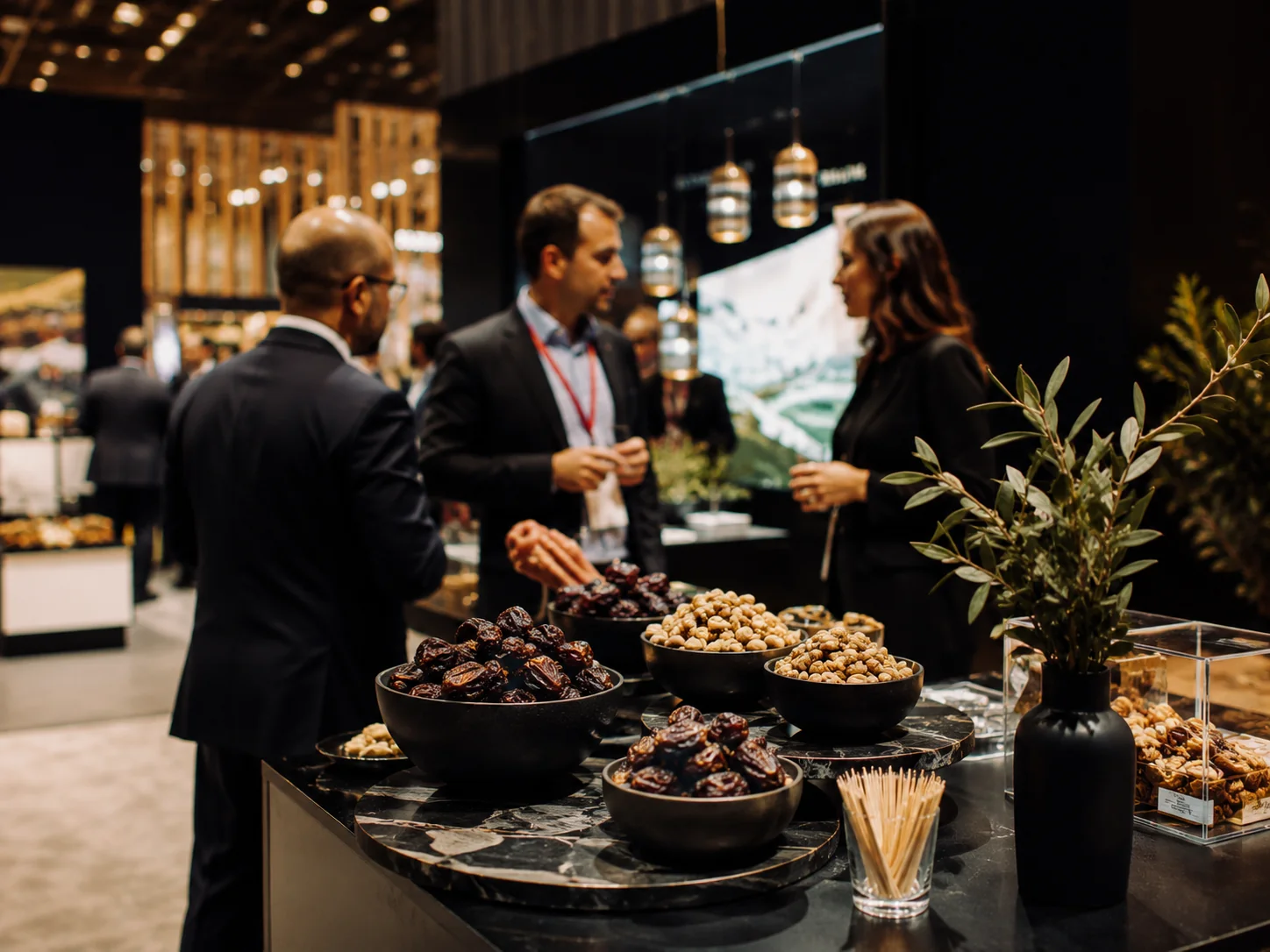 Product tasting and buyer conversation featuring premium nuts and dates