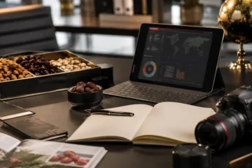 Modern Dubai food trade workspace with market information and premium dry fruits