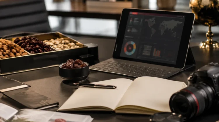 Modern Dubai food trade workspace with market information and premium dry fruits