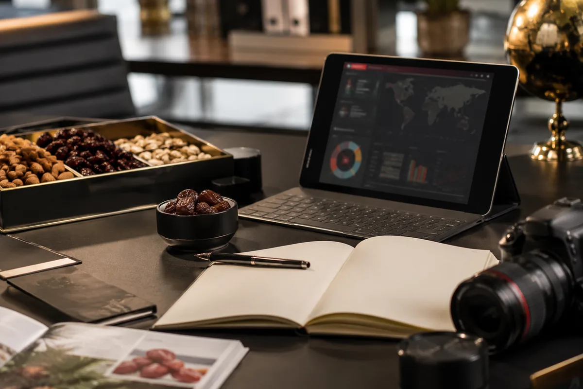 Modern Dubai food trade workspace with market information and premium dry fruits