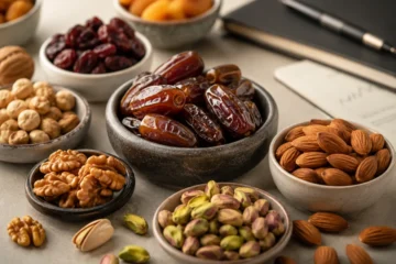 Premium nuts and dry fruits arranged for a bulk food trade market discussion