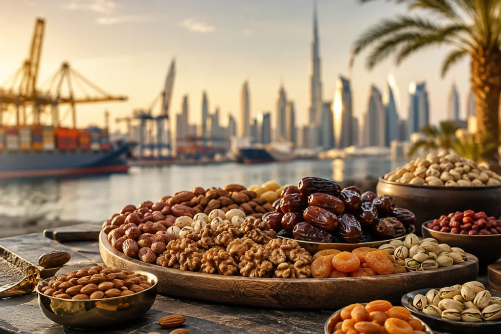 Premium nuts, dates and dry fruits presented for an international food-trade market discussion