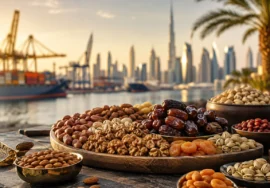 Premium nuts, dates and dry fruits presented for an international food-trade market discussion