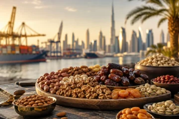 Premium nuts, dates and dry fruits presented for an international food-trade market discussion