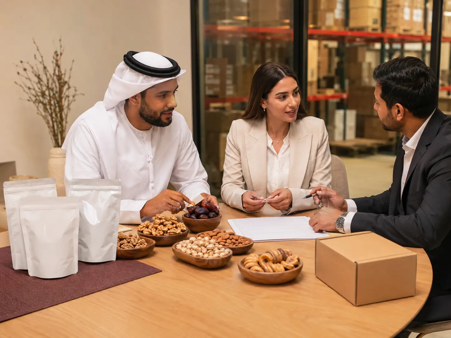 International buyers discussing nuts, dates, dry fruits and export packing with the Maahir trade team